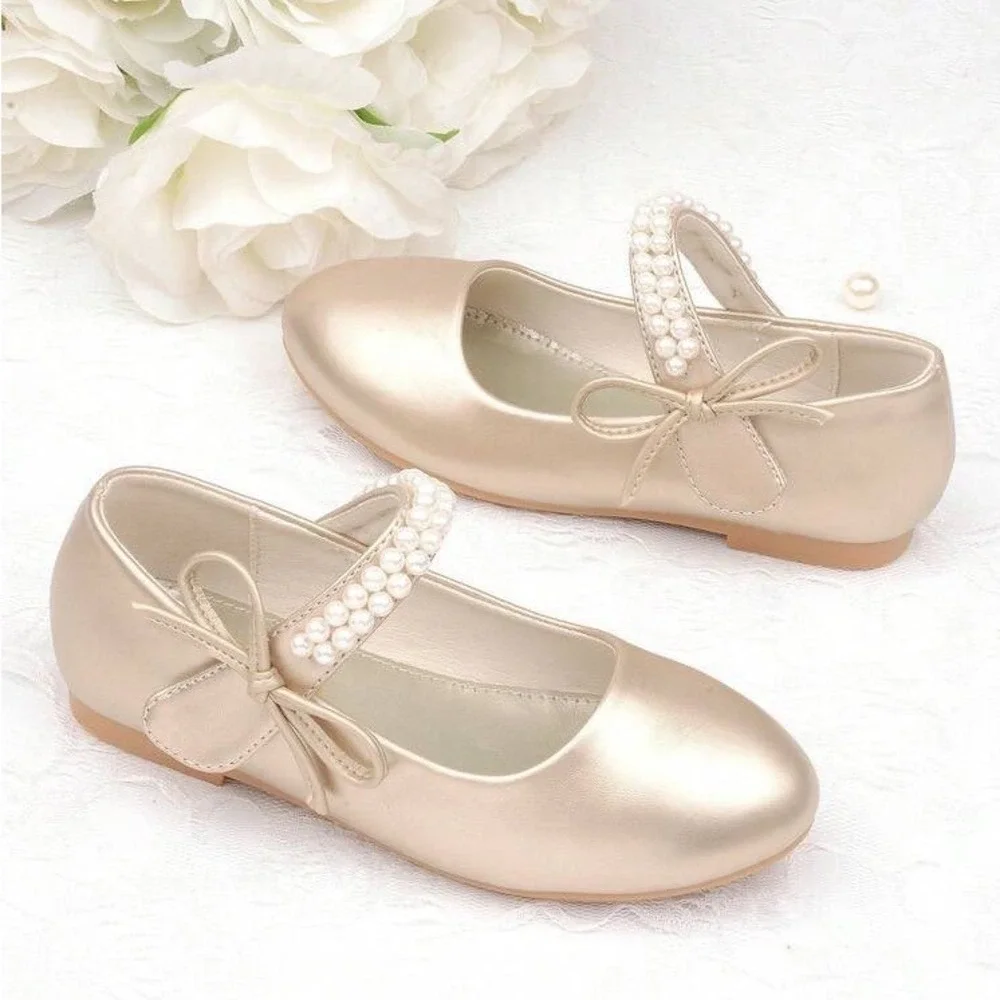 Caiwenniao Girls Gold Pearl Mary Jane Flats Dress Shoes Bow EUR 29 US 12 NEW